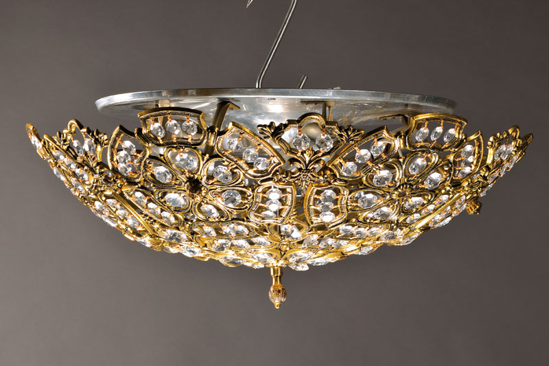 Deckenlampe, Spanien, um 1930-35, besonders großer massiver mit durchbrochenem Blattwerk versehene Weissbronzekorpus, darin vollständige ...