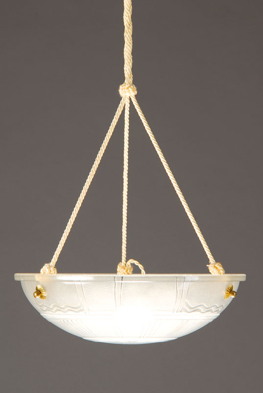 Deckenlampe, Frankreich, um 1930-40, Schale dickwandiges Glas teilmattiert, Montur sek., Elektr. nicht geprüft, D. ca. 35 cm