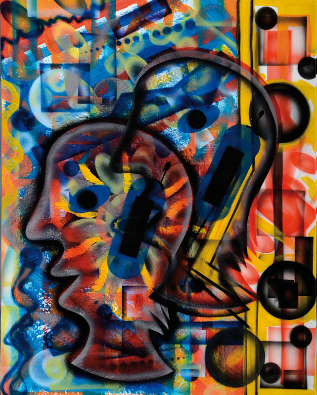Andrea Stuber, geb. 1959, Kommunikation, Acryl/Lwd, teilweise Airbrush, auf Rückseite von Rahmen signiert, datiert 2012 und betitelt, ca. 94x80 cm, ...