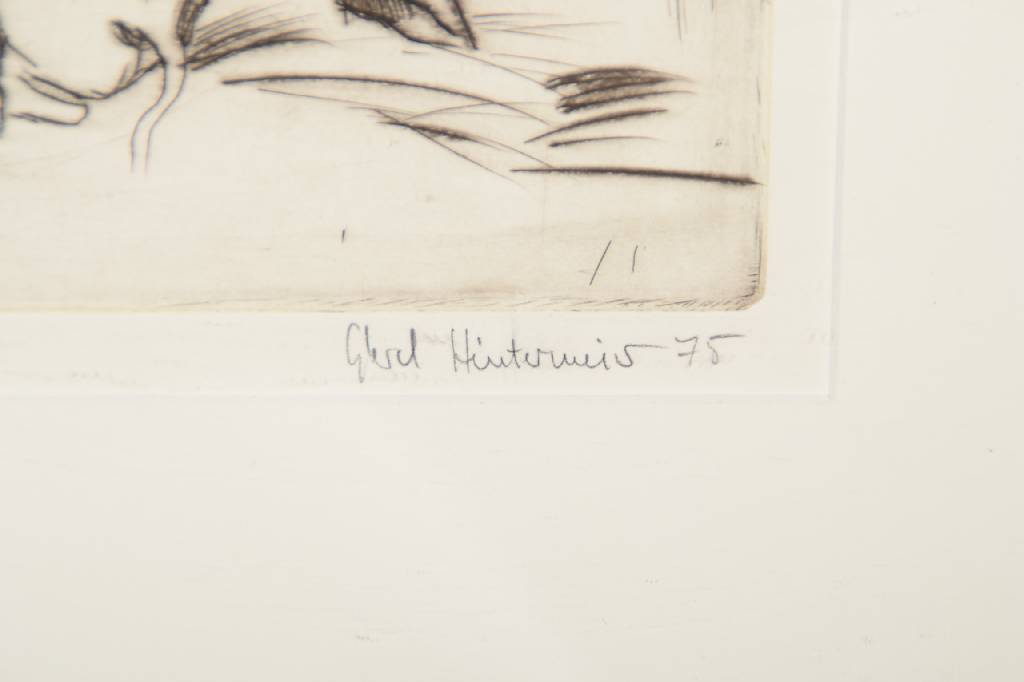 Detail a: Gerd Hintermeier, geb. 1942 Rothenburg, Sau mit Ferkeln, Radierung von 1975, handsigniert, ca. 23x31cm, unter Glas, Rahmen