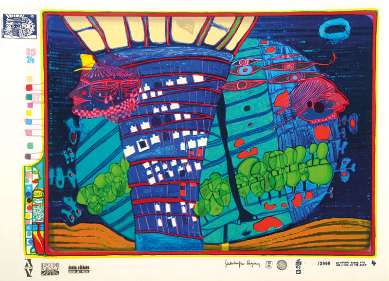 Hundertwasser, Friedensreich, 1928-2000, Flucht in All, Blatt aus der Regentagmappe, drucksigniert und num. 1869/3000, ca. 41x60cm, u.Gl., R.