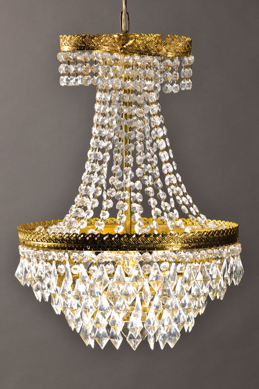 Deckenlampe, wohl Böhmen, 20/30er Jahre, Gehänge 5fach abgehängt, 6 Brennstellen, H. ca. 60 cm, D. ca. 42 cm, Elektrifizierung nicht geprüft, ...
