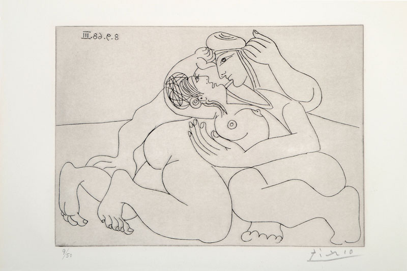 Pablo Picasso, 1881-1973, Radierung, handsigniert und num. 9/50, Platte ca. 14,5x20,5 cm, Blattgr. ca. 22,5x28,5 cm, unter Glas gerahmt