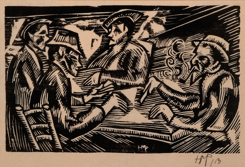 H.M. Pechstein, 1881-1955, Holzschnitt Bild 1048, Kartenspieler, monogrammiert und dat. 13, ca. 14 x 21.5 cm PP., leicht gebräunt