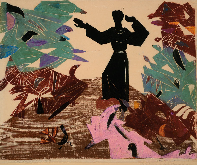 Rolf-Müller-Landau, 1903-1997, Franziskus predigt den Vögeln, Monotypie, handsigniert und mit Widmung auf Karton, datiert 54, leichte Randschäden, ...