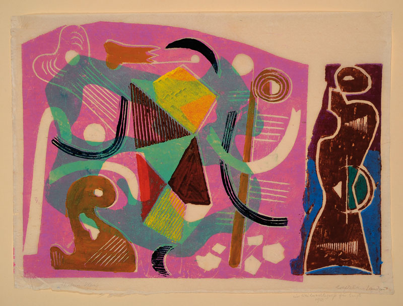 Rolf-Müller-Landau, 1903-1997, heiterer Klang, Monotypie, handsigniert und mit Widmung auf Karton, datiert 55, leichte Randschäden, ca. 54.5x54 cm