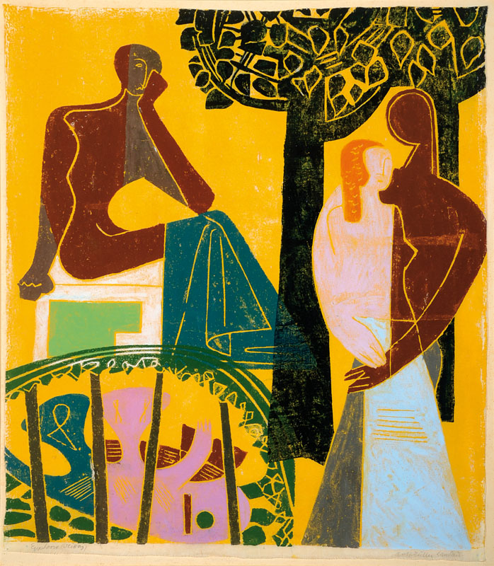 Rolf-Müller-Landau, 1903-1997, Euphorie, Monotypie, handsigniert, l. Altersspuren, 54.5x55 cm, unter Glas, Rahmen