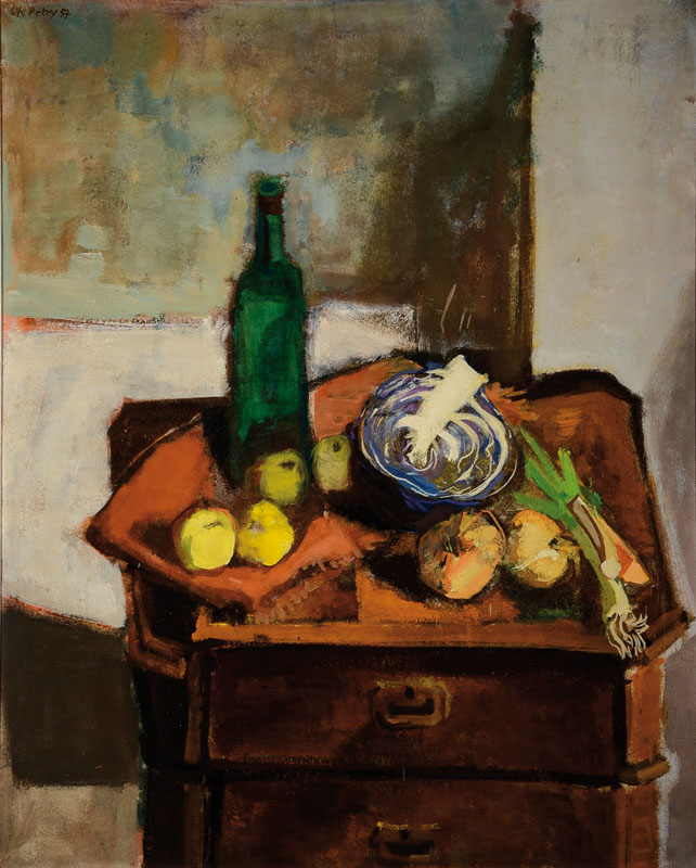 Ute Petry, 1925 Ludwigshafen-2009, Stillleben mit Rotkohl, Lauch, Äpfeln und Flasche, Öl/Lwd, links oben signiert und dat. 57, ca. 97x78cm, Rahmen