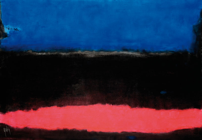 Gaston Galé, zeitgenössischer belgischer Künstler, Abstrakte Komposition in Blau- Schwarz-Pink, Öl/Lwd, links unten signiert, ca. 70x100 cm, ...