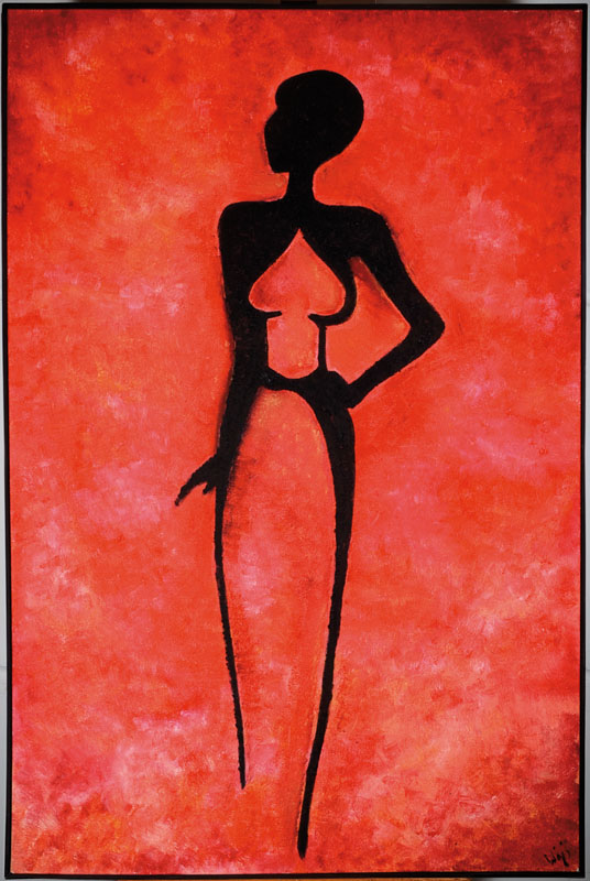Unbekannter französischer Künstler, weibliche Silhouette auf rotem Hintergrund, Öl/Lwd, rechts unten signiert, ca. 120x80 cm, Leisten