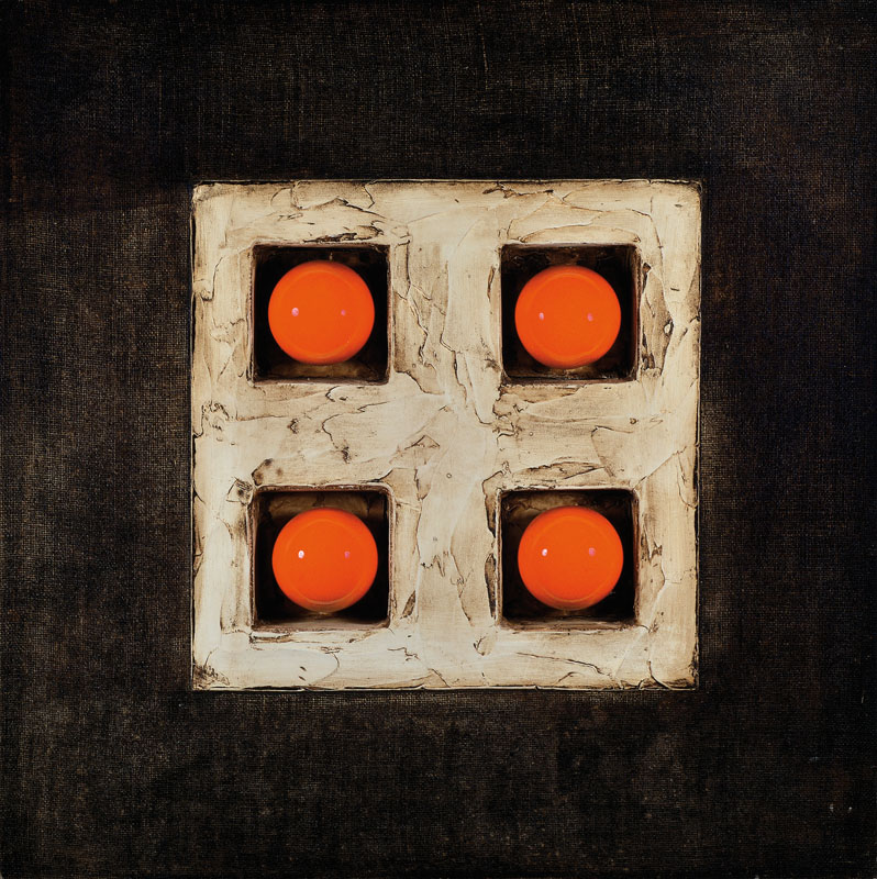 Monogrammist JP, Komposition mit Keramikbällen, Juta auf Holz, rechts unten Stempelmonogramm (schlecht lesbar), ca. 81x80 cm