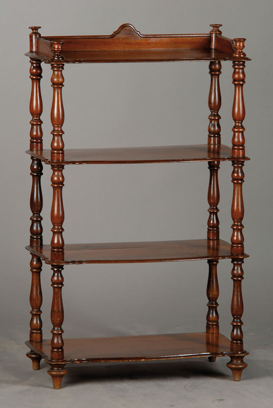 Etagere, deutsch um 1880, Nussbaum, 4 Etagen, diese fein profiliert, vollplastische Balustersäulen, Neuverleimung empf., Gebr.- Sp., ca. 89x59x31 cm