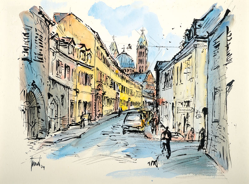 Georg Günther Zeuner, 1923 Dresden - 2011 Speyer, Stadtansicht, Aquarell/Papier, handsigniert und datiert 74, ca. 48,5x63,5 cm, unter Glas gerahmt