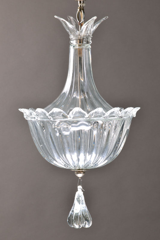 Deckenlampe, Murano, 2. Hälfte 20. Jh., farbloses Glas, mit 3 Brennstellen, mit Abhängung ca. 65 cm , lt. Einlieferer intakt,