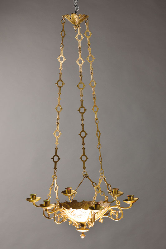 Deckenleuchter, wohl Frankreich, um 1880/90,Messing vergoldet, 6 Brennstellen für Kerzen, Gebr.-Sp., H. ca. 104 cm, D. ca. 53 cm