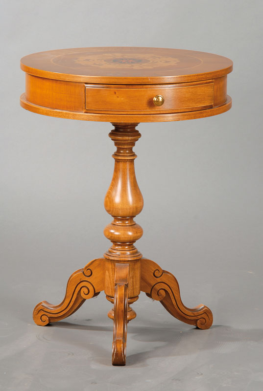 Drum-Table, Italien Mitte 20.Jh., Hersteller "Selva", 1-schübig, Platte mit abstrakter Floralmarketerie, Balustersäule auf geschweiftem ...