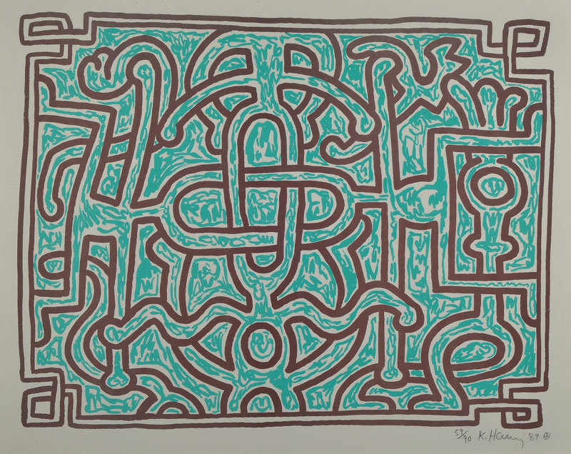Keith Haring, 1958-1990 New York, Farbsiebdruck in braun und grün, rechts unten signiert und datiert 89, num. 59/90, ca. 54x68cm, unter Glas, Rahmen