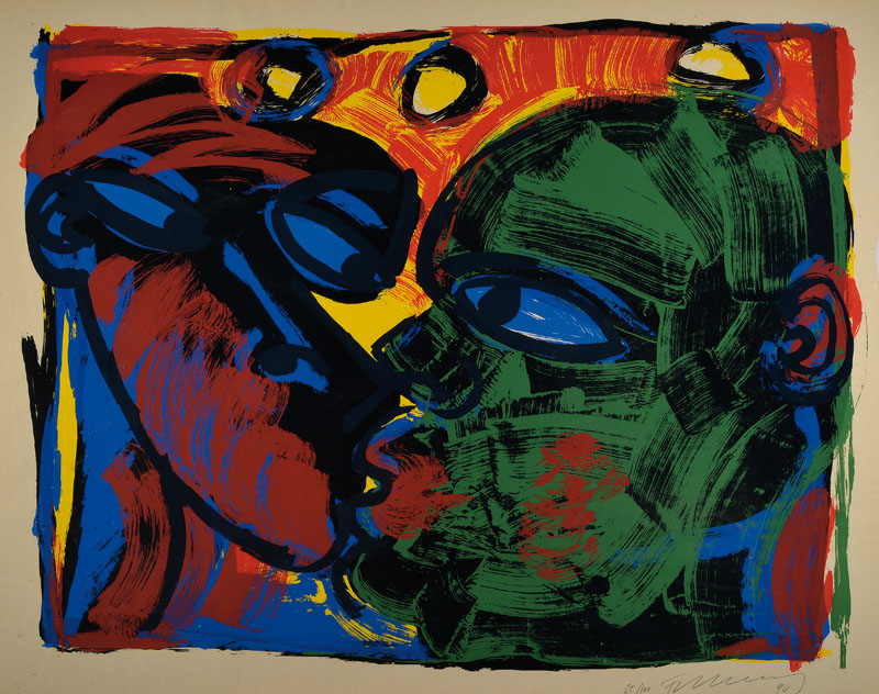 Rainer Fetting, geb. 1949, Der Kuss, Farbserigraphie, handsigniert und nummeriert 65/100, datiert 90, ca. 75x94.5 cm, unter Glas gerahmt