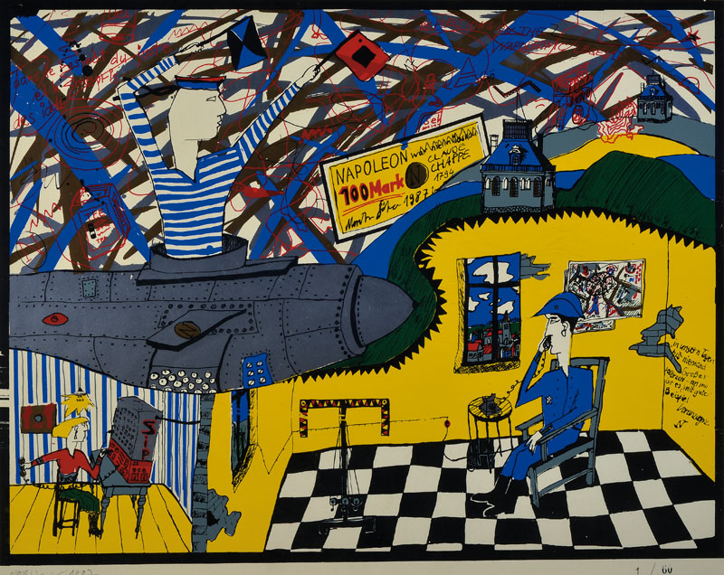 Möritz Götze, geb. 1964, Farbsiebdruck, handsigniert und nummeriert 1/60, datiert 1987, ca. 57x72 cm, unter Glas gerahmt, teilw. beschm.