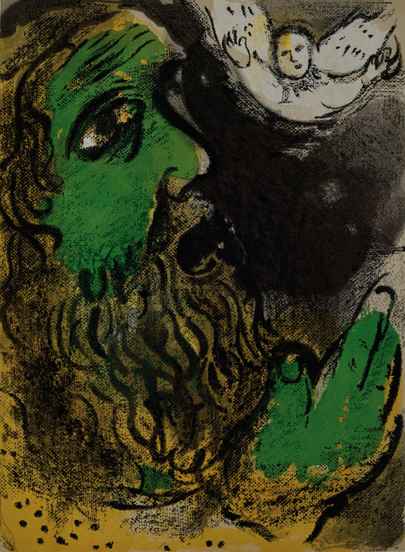 Marc Chagall, 1887-1985, Der betende Hiob, Farblithographie aus Bible II, Mourlot Paris 1960, ca. 35x26cm, unter Glas gerahmt