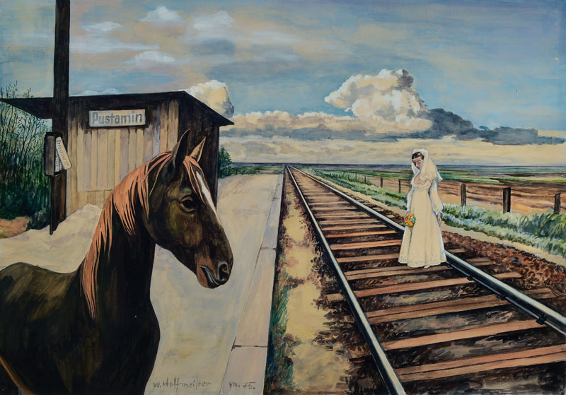 Wilhelm Hoffmeister, 1908-1991, Pustamin, Pferd mit Braut auf Bahngleise, Gouache auf Papier, signiert, ca. 53x72cm, unter Glas, Rahmen