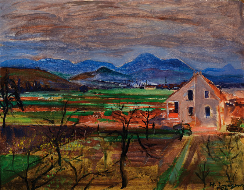 Jürgens, Hermann, 1914 Heidelberg-1967 Godramstein, Südpfälzische Landschaft mit Blick auf die Haardt, Öl/Malkarton, re. u. sign. und dat. 54, ...
