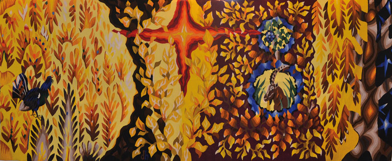 Detail a: Dirk Holger, 1939, Bedeutender deutscher Textilkünstler, hier: Triptychon, Gobelin, Sonnengarten, 3 Teile, monogrammiert und mit dem ...