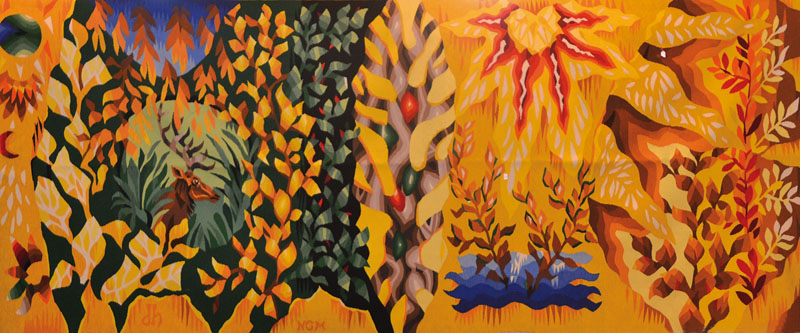 Detail b: Dirk Holger, 1939, Bedeutender deutscher Textilkünstler, hier: Triptychon, Gobelin, Sonnengarten, 3 Teile, monogrammiert und mit dem ...