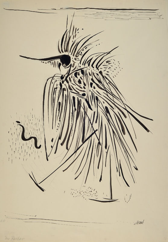 Friedrich Josse, 1897-1994, Der Reiher, Tusche- und Bleistiftzeichnung auf Papier, rechts unten handsigniert, auf dünnem Karton befestigt, Blattgr. ...