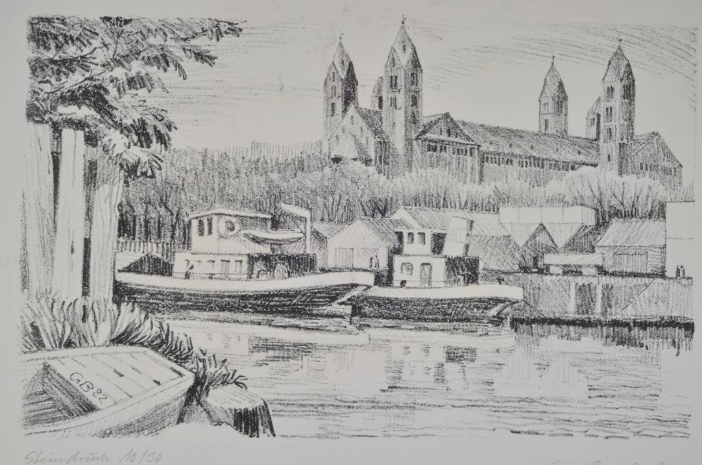 Detail b: Konvolut aus fünf Werken von Speyerer Künstlern, 2x Reinhard Ader, Lithographie und Blei-/Buntstiftzeichnung, 1x Rudolf Dister, Gouache, 1x Klaus ...