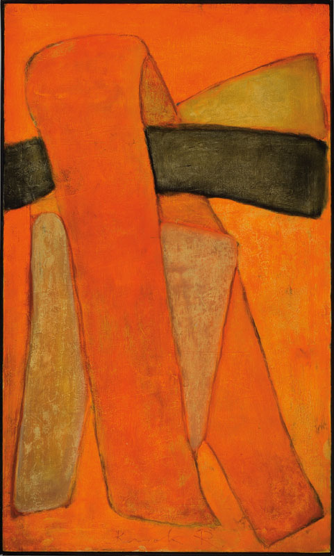 Roman Kossok, geb. 1956 Polen, Abstrakte Komposition in Orange und Grau, Öl/Lwd, handsigniert, ca. 100x60 cm, Leisten