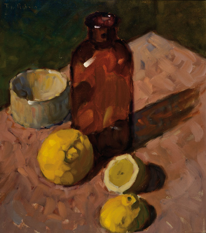 T. Robain, französischer Maler, Stillleben mit Flasche und Zitronen, Öl/Hartfaser, signiert, ca. 48x42 cm, Rahmen