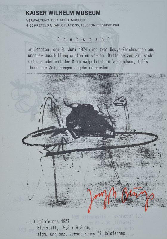 Joseph Beuys, 1921-1996, "Diebstahl", Offset, handsigniert, 1974/77, anlässlich Diebstahlsuche Kaiser Wilhelm Museum Krefeld, vgl. ...