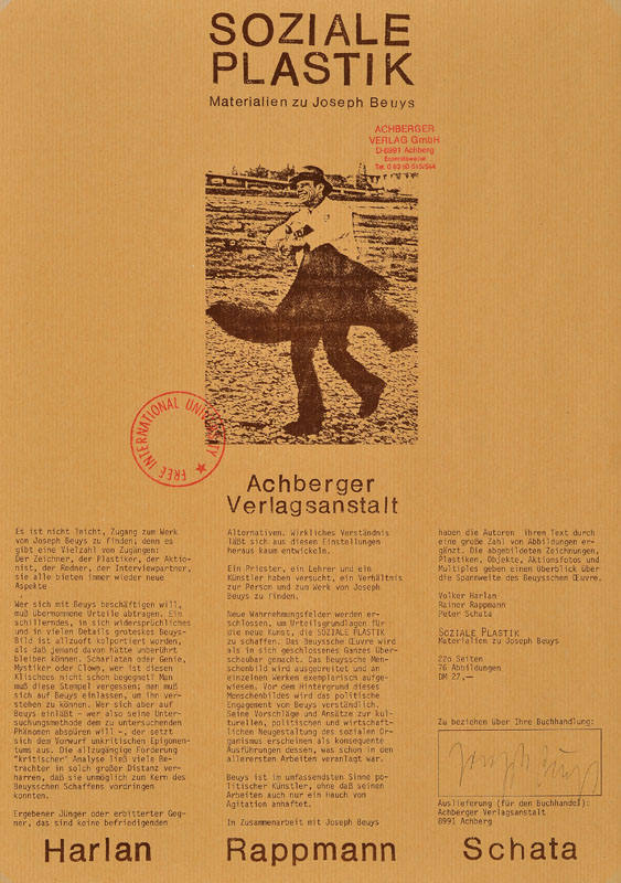 Joseph Beuys, 1921-1986, Soziale Plastik, Farboffset, handsigniert, gestempelt free international university, ca. 42 x 29 cm, unter Glas gerahmt