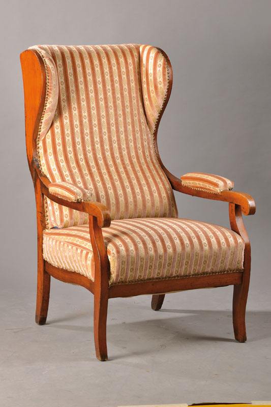 Ohrenbackensessel, um 1850, Nußbaum, stiltypischer Biedermeiersessel, ergonomische Polsterung, schöne Patina, Gebr.-Sp., Altersspuren, ca. ...