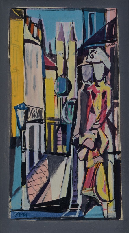 Rolf Müller-Landau, 1903-1956, Stadtansicht mit spazierendem Paar, Gouache auf Papier, links unten monogrammiert, ca. 25x14 cm, unter Glas gerahmt