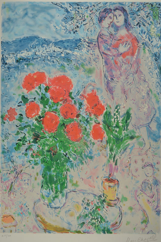 Marc Chagall, 1887-1985, Farblithographie, Fleur d´amour, drucksigniert und mit Bleistift nummeriert 415/500, Motiv ca. 73x50,5 cm, PP, unter Glas, ...