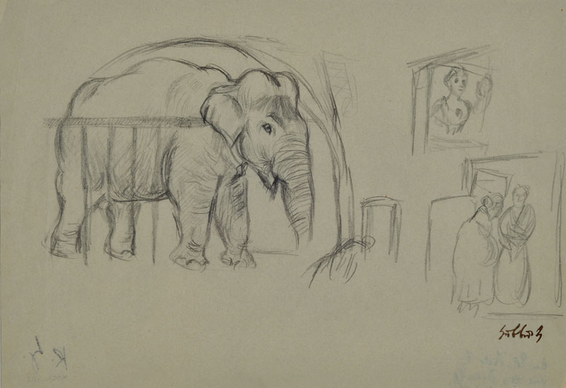 Karl Hubbuch, 1891-1979, Bleistiftzeichnung,Elefant im Zoologischen Garten, Stempelsignatur, Nachlaßstempel, rückseitig bezeichnet ein kleiner ...