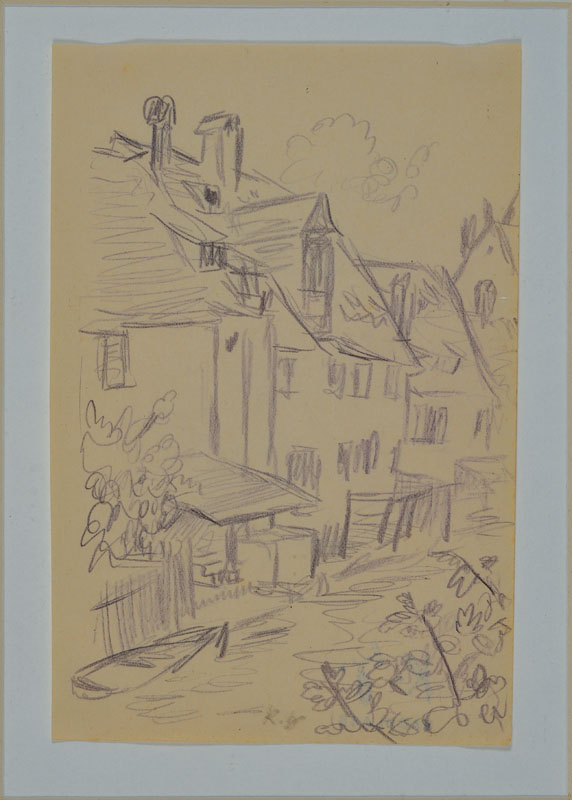 Karl Hubbuch, 1891-1979, Bleistift um 1917, Dorfansicht, monogrammiert, rückseitig Nachlaßstempel PP, Blattgr. ca. 15x10 cm, unter Glas gerahmt