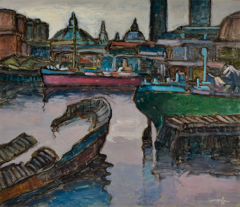 Francisco Lopez Grela, geb. 1915, Öl/Malplatte, Ansicht eines Hafen, signiert und datiert 78, ca. 60x72 cm, Rahmen