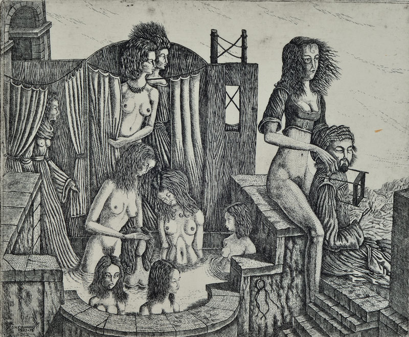 Otfried H. Culmann, geb. 1949, zwei Radierungen: Penelope, 1970, bez. e.a., ca. 19x32cm; Das Hinterzimmer eines Frauenbades, 1973-75, num. 2/60, ca. ...