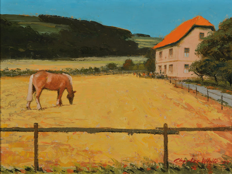 Charles White, 1928-1997, Konvolut aus zwei Gemälden, Dorfansicht vor Fluss, Öl/Malplatte, signiert (verblasst), ca. 15x30 cm, Rahmen, Pferd auf ...
