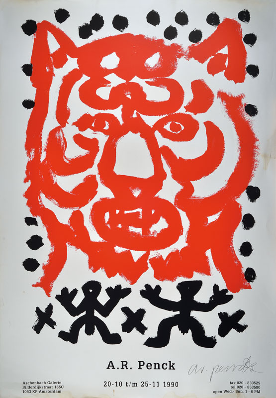 A.R. Penck, geb. 1939 Dresden, Tiger Farbsiebdruck, handsigniert, starke Gebr.-Sp., knitterfaltig, mit Riss und Flecken, Blattgr. ca. 99x70 cm