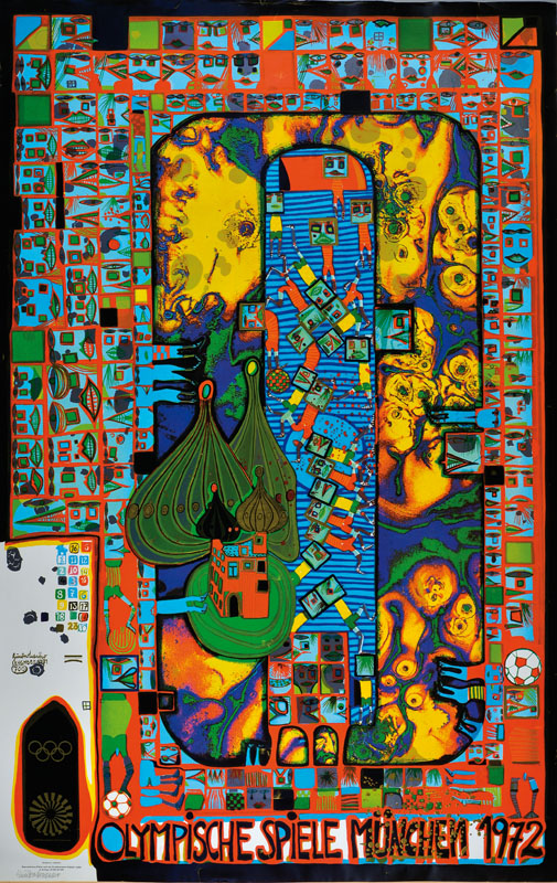 Friedensreich Hundertwasser, 1928-2000, Plakat zu den Olympischen Spielen 1972 München, Farboffset, Blattgr. ca. 101x66 cm, starke Gebr.-Sp.