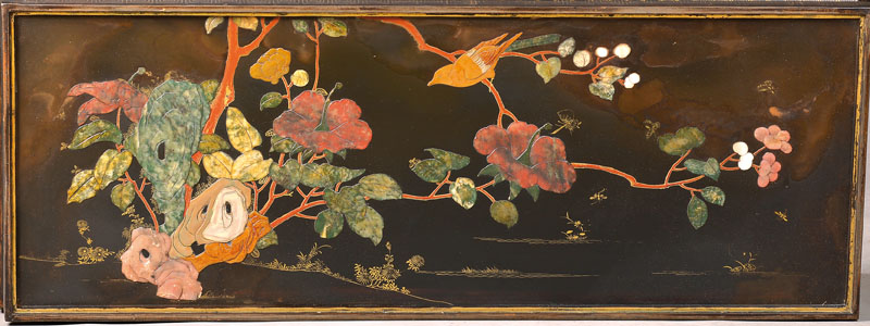 Detail a: Tischchen, China, 20.Jh., Holz schwarz gelackt mit goldfarbenen Malereien, asiatische Szenerie in Speckstein unter Glasplatte, ca. 47x113x45 cm, ...