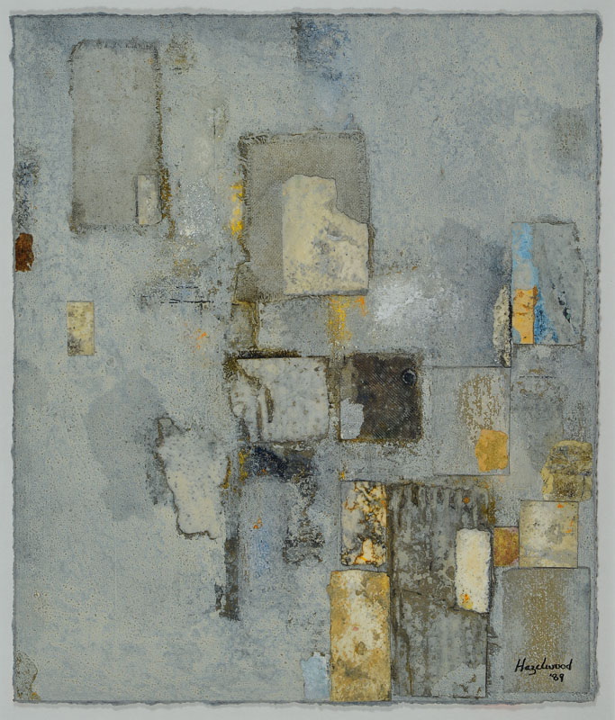 David Hazelwood, 1932-1994, Mischtechnik/Collage, handsigniert und datiert 89, ca. 33,5x28,5 cm, unter Glas gerahmt