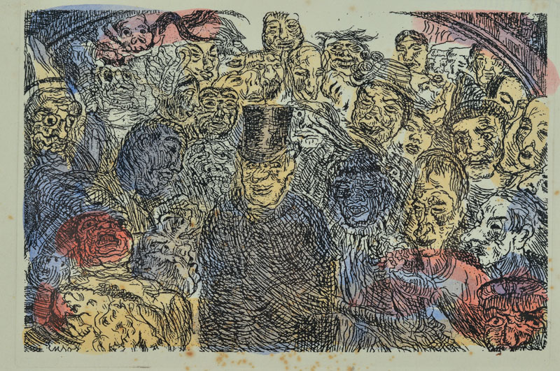 James Ensor, 1860-1949, Masques Intrigues, Farbradierung, handsigniert, rückseitig Authentizitätsstempel Centre National Pour l´Etude du XIX-XXme ...