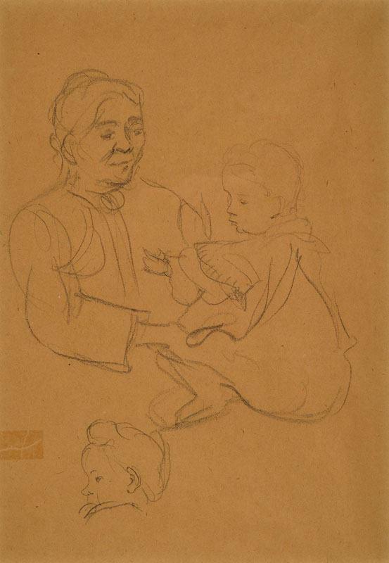 Gabriele Münter, 1877-1962, Bleistiftzeichnung, Mutter und Kind, mit Studie zu einem Kinderkopf, um 1901/02, verso Nachlass-Stempel, auf gebräuntem ...
