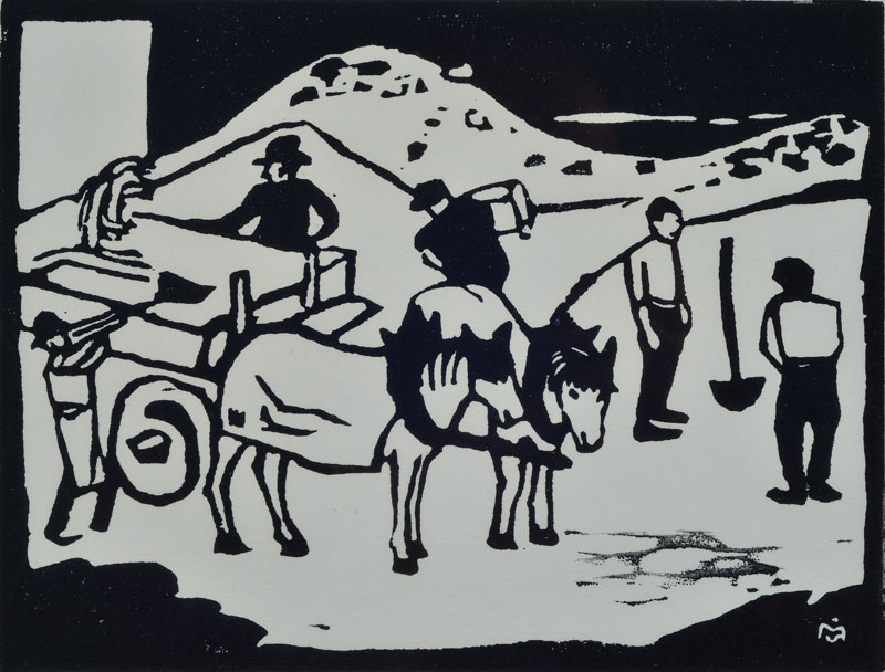 Gabriele Münter, 1877-1962, Holzschnitt, Bauarbeit, Handabzug vom Originalstock, um 1912, Auflage 150 auf BFK-Rives, 37/150, Motiv ca. 16,5x22 cm, ...