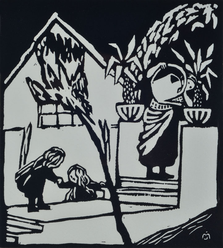 Gabriele Münter, 1877-1962, Holzschnitt, Blumengießen, Handabzug vom Originalstock, um 1912, Auflage 150 auf BFK-Rives, 53/150, Motiv ca. 22x19,5 ...